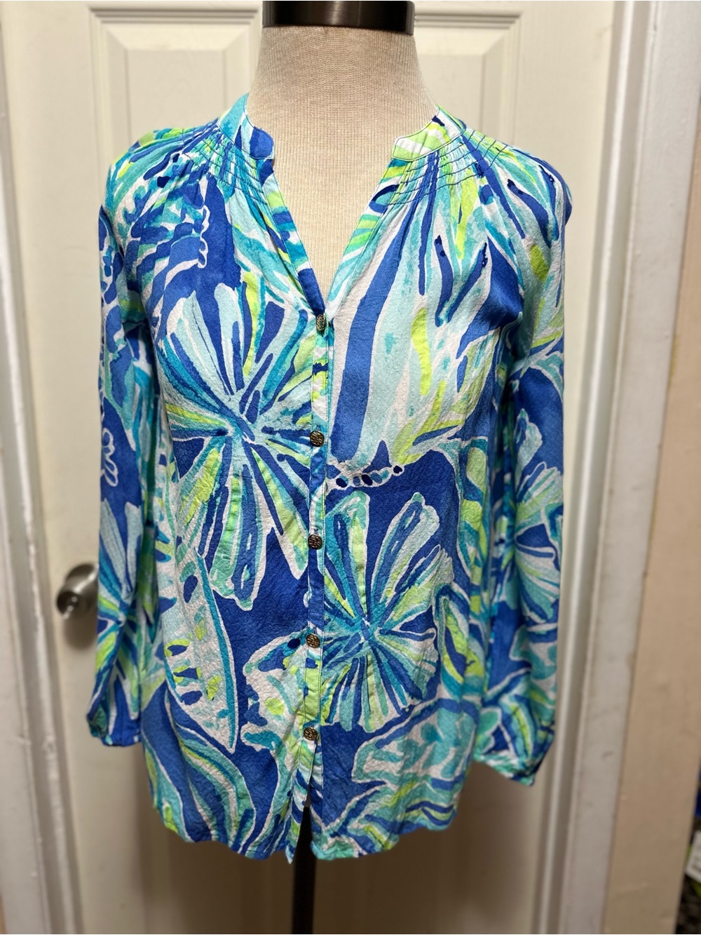 Lilly Pulitzer Elsa Button-Front Blouse Beckon Palm Passage Size XXS #654